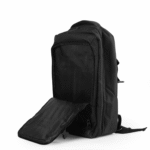Travel Backpack in Black Polyester with Clamshell Opening & Luggage Strap